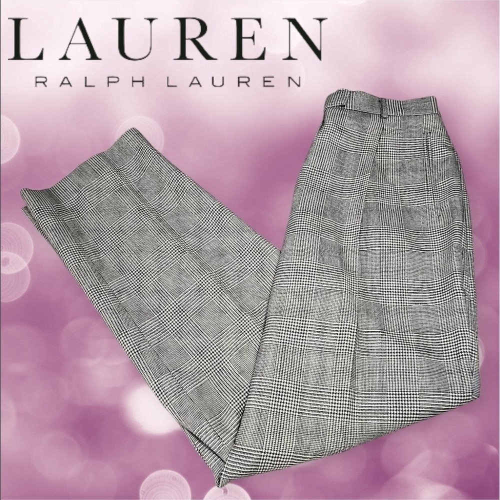 Lauren Ralph Lauren Womens Wool Glen Plaid Pleated Trousers Black White 12